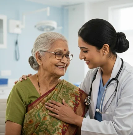 doctor offering compassionate care and reassurance to an elderly woman during a medical consultation